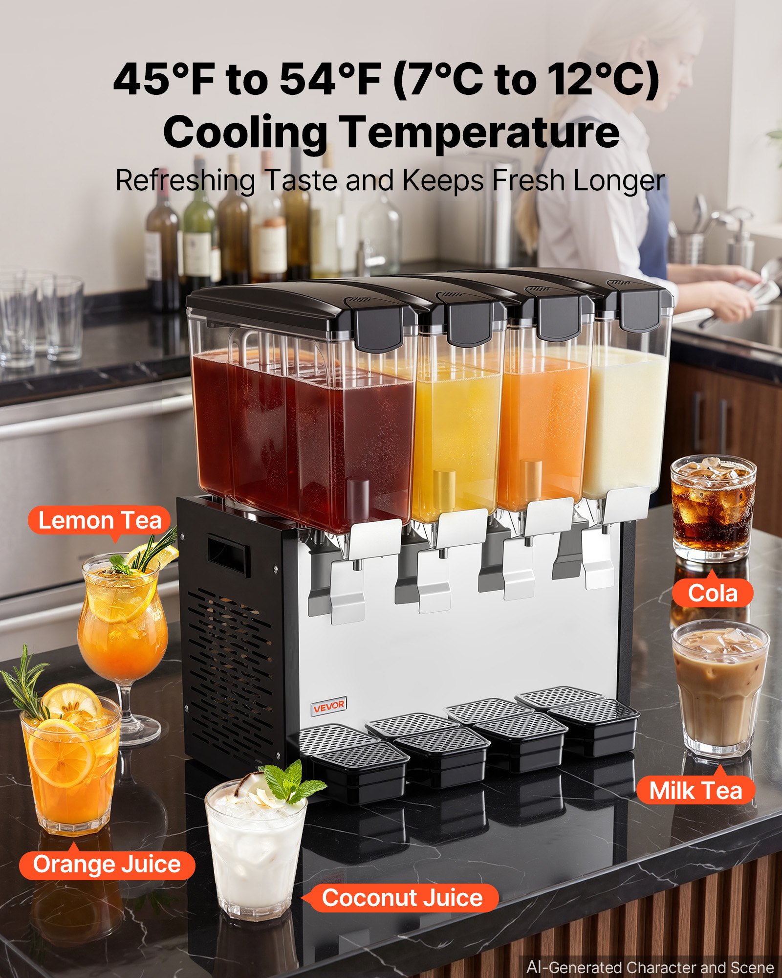VEVOR Commercial Beverage Dispenser 4 Tanks 10 L / 10.6 QT Per Tank, Stainless Steel Juice Dispenser, Ice Tea Drink Machine with 45℉ to 54℉ Cooling Temperature, for Cold Drink Restaurant Bar Party