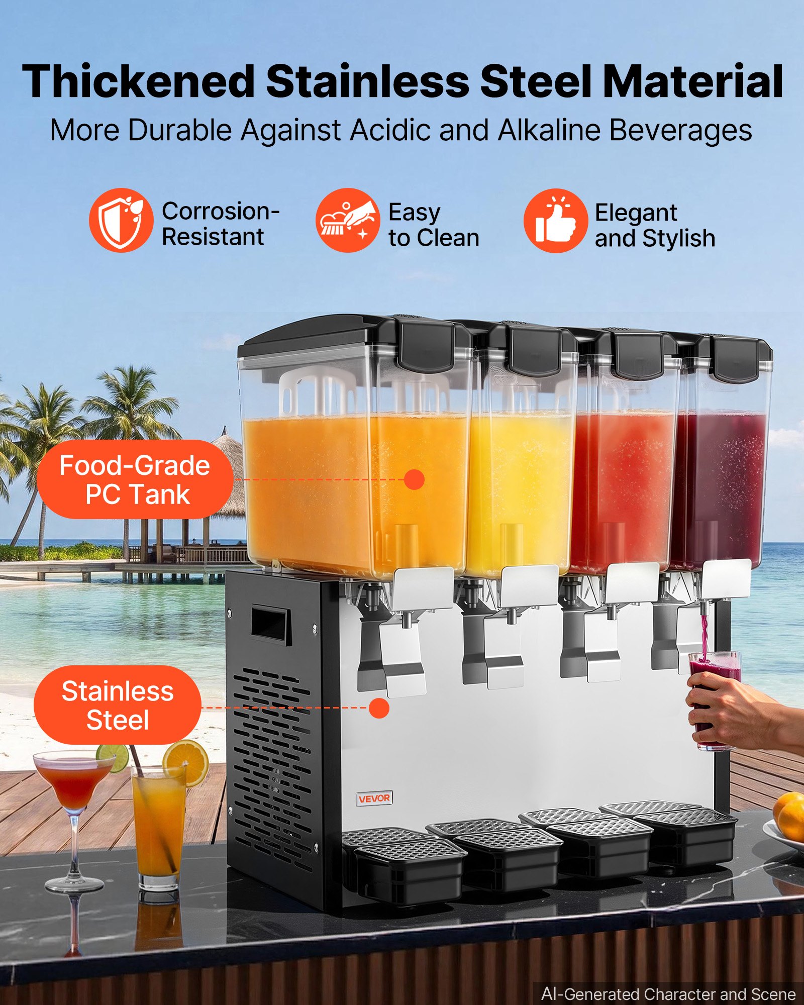 VEVOR Commercial Beverage Dispenser 4 Tanks 10 L / 10.6 QT Per Tank, Stainless Steel Juice Dispenser, Ice Tea Drink Machine with 45℉ to 54℉ Cooling Temperature, for Cold Drink Restaurant Bar Party