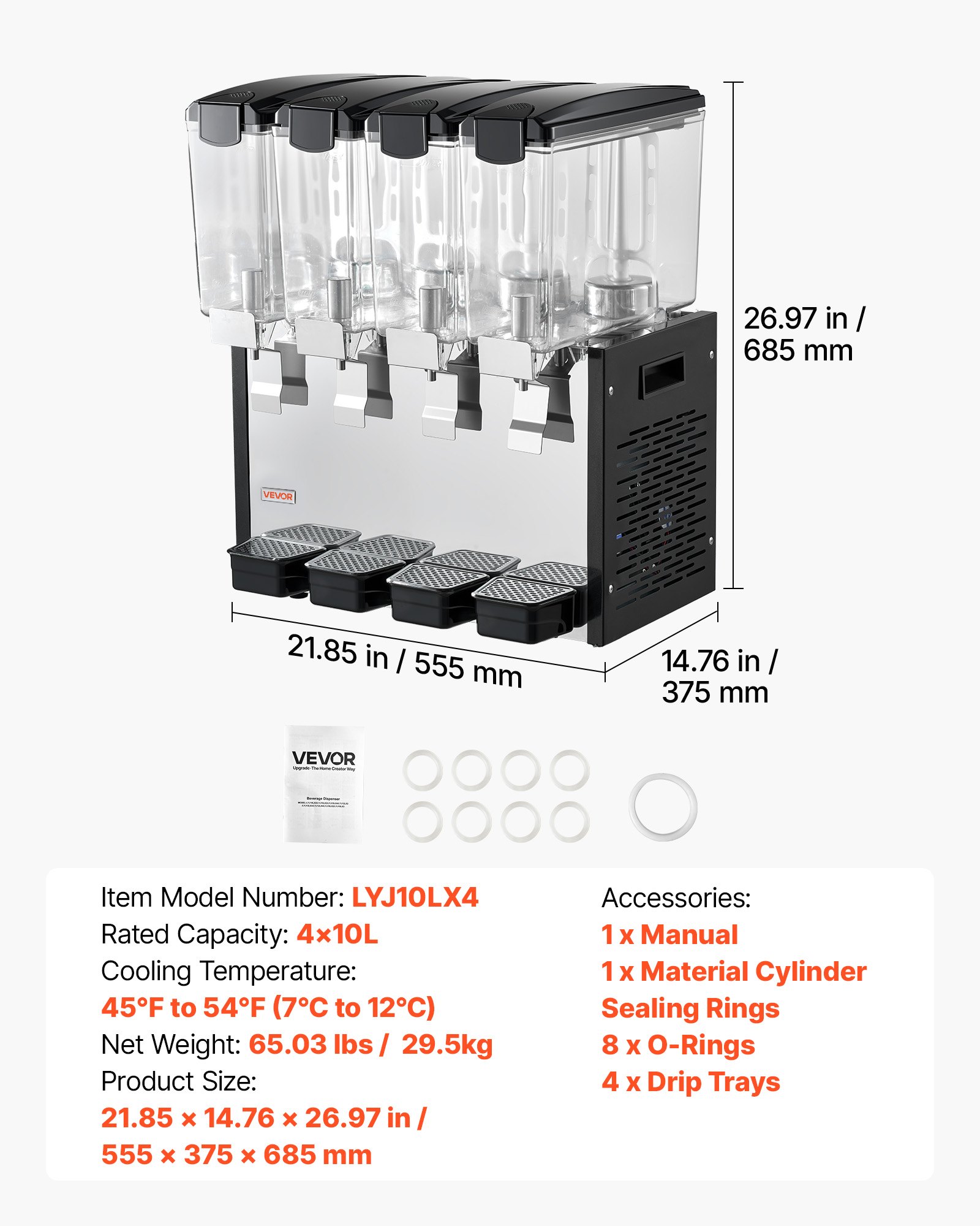 VEVOR Commercial Beverage Dispenser 4 Tanks 10 L / 10.6 QT Per Tank, Stainless Steel Juice Dispenser, Ice Tea Drink Machine with 45℉ to 54℉ Cooling Temperature, for Cold Drink Restaurant Bar Party