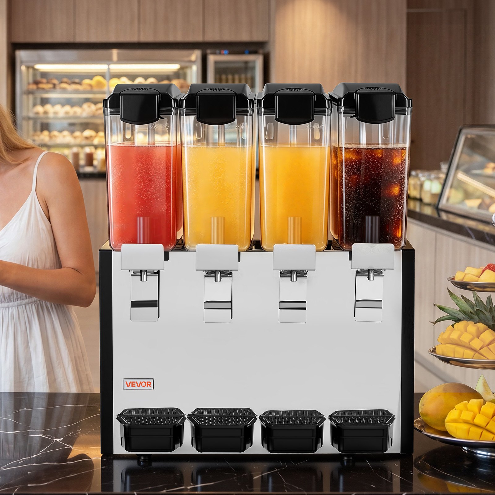 VEVOR Commercial Beverage Dispenser 4 Tanks 10 L / 10.6 QT Per Tank, Stainless Steel Juice Dispenser, Ice Tea Drink Machine with 45℉ to 54℉ Cooling Temperature, for Cold Drink Restaurant Bar Party