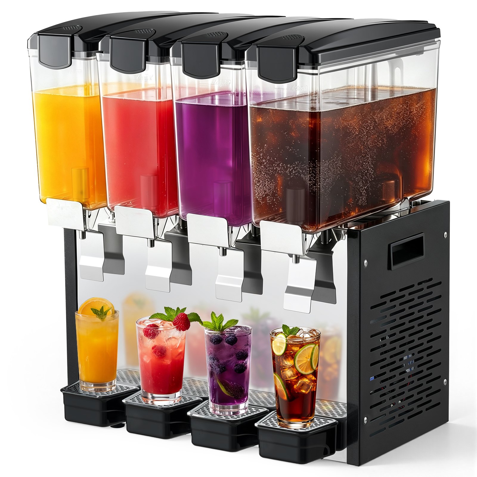 VEVOR Commercial Beverage Dispenser 4 Tanks 10 L / 10.6 QT Per Tank, Stainless Steel Juice Dispenser, Ice Tea Drink Machine with 45℉ to 54℉ Cooling Temperature, for Cold Drink Restaurant Bar Party
