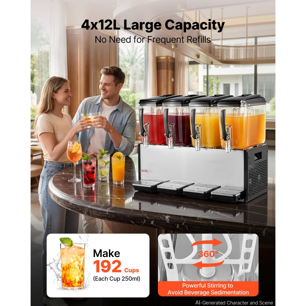 VEVOR Commercial Beverage Dispenser 4 Tanks 12 L / 12.7 QT Per Tank, Stainless Steel Juice Dispenser, Ice Tea Drink Machine with 45℉ to 54℉ Cooling Temperature, for Cold Drink Restaurant Bar Party