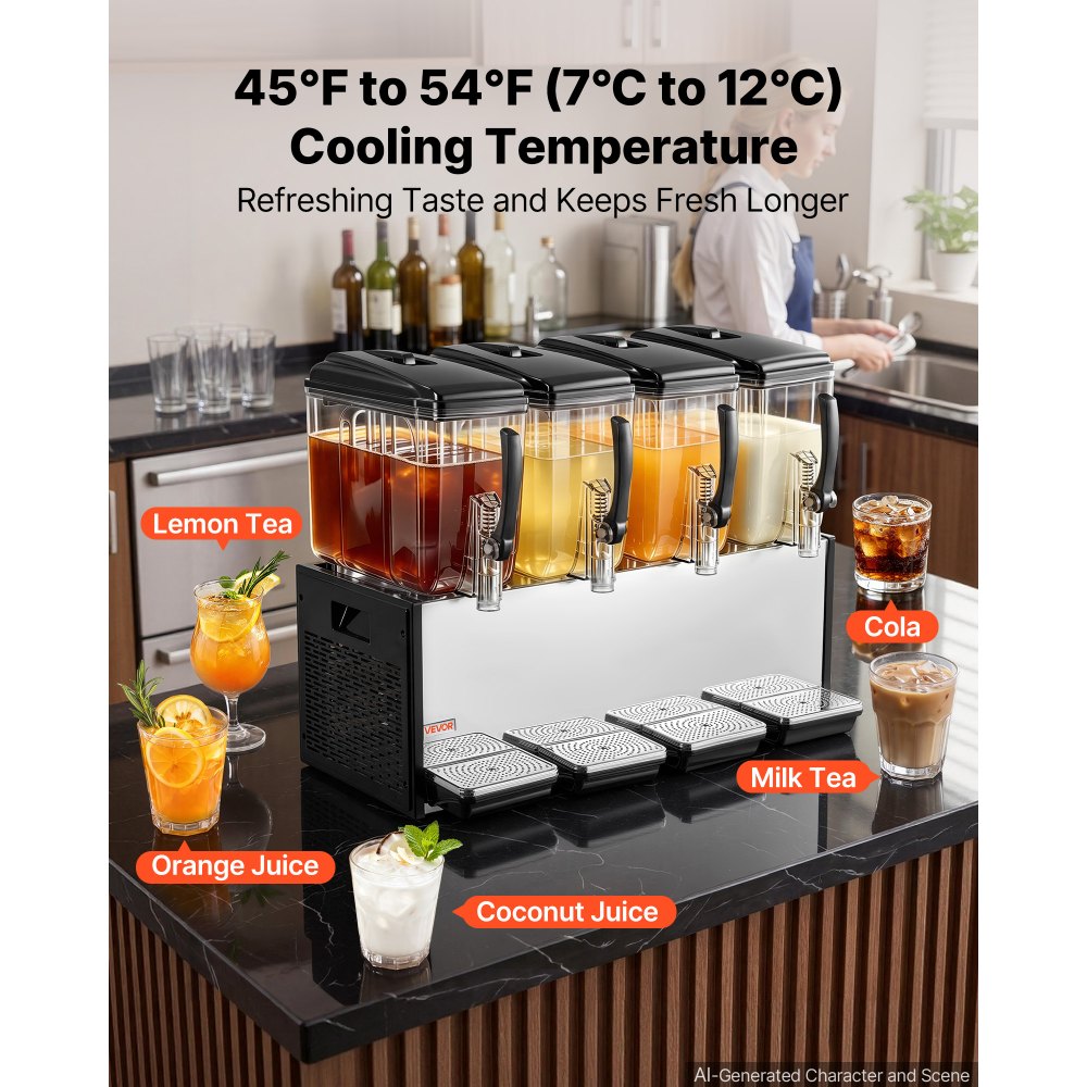 VEVOR Commercial Beverage Dispenser 4 Tanks 12 L / 12.7 QT Per Tank, Stainless Steel Juice Dispenser, Ice Tea Drink Machine with 45℉ to 54℉ Cooling Temperature, for Cold Drink Restaurant Bar Party
