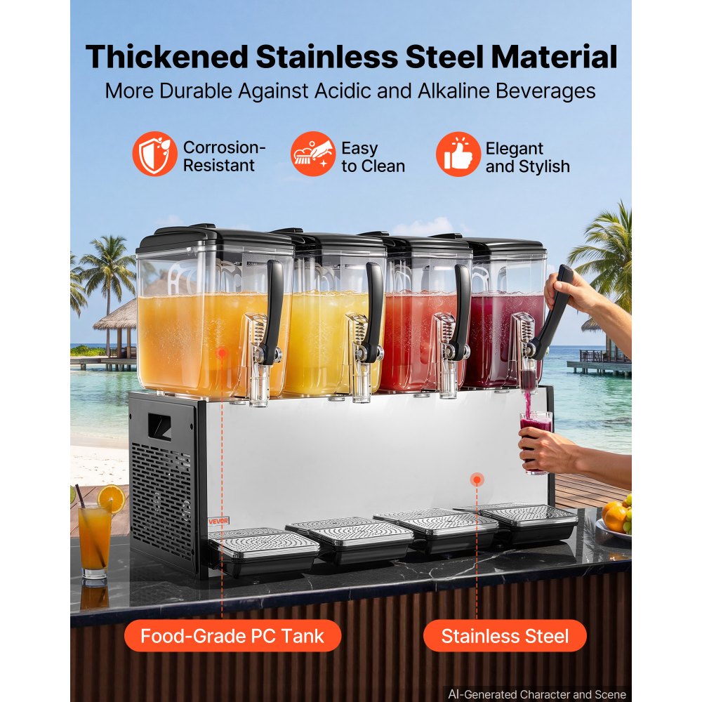 VEVOR Commercial Beverage Dispenser 4 Tanks 12 L / 12.7 QT Per Tank, Stainless Steel Juice Dispenser, Ice Tea Drink Machine with 45℉ to 54℉ Cooling Temperature, for Cold Drink Restaurant Bar Party