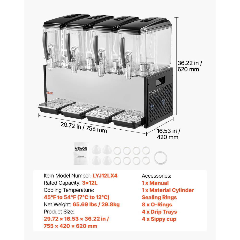 VEVOR Commercial Beverage Dispenser 4 Tanks 12 L / 12.7 QT Per Tank, Stainless Steel Juice Dispenser, Ice Tea Drink Machine with 45℉ to 54℉ Cooling Temperature, for Cold Drink Restaurant Bar Party