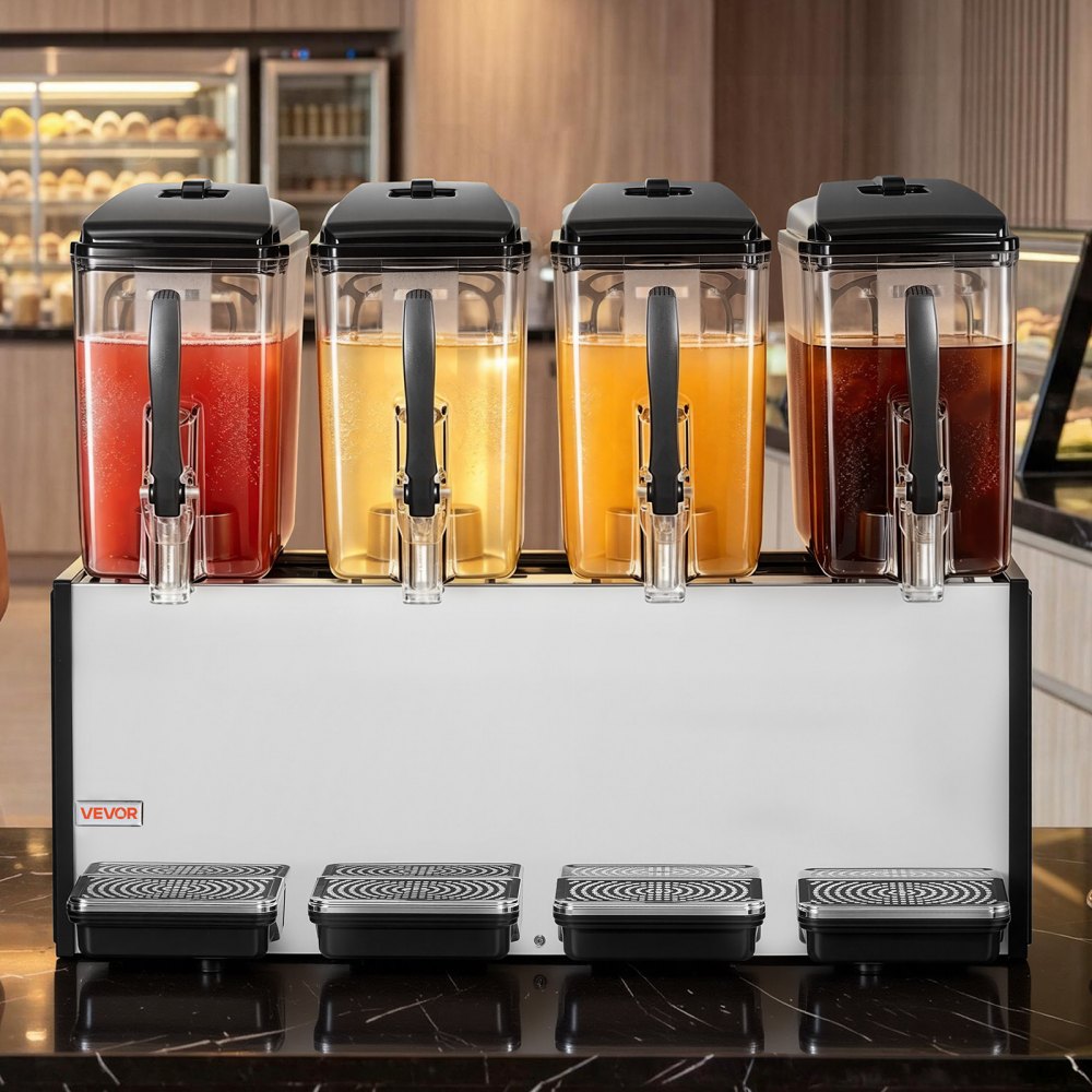 VEVOR Commercial Beverage Dispenser 4 Tanks 12 L / 12.7 QT Per Tank, Stainless Steel Juice Dispenser, Ice Tea Drink Machine with 45℉ to 54℉ Cooling Temperature, for Cold Drink Restaurant Bar Party