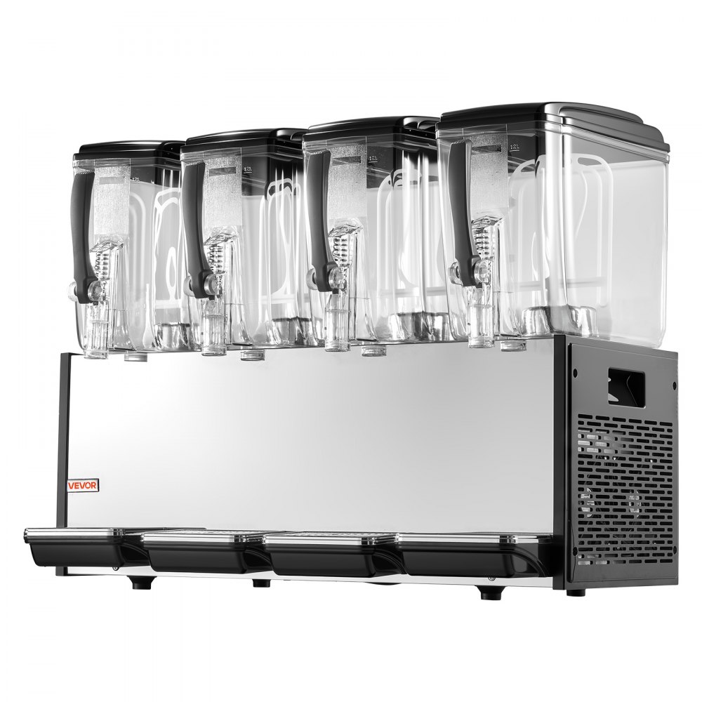 VEVOR Commercial Beverage Dispenser 4 Tanks 12 L / 12.7 QT Per Tank, Stainless Steel Juice Dispenser, Ice Tea Drink Machine with 45℉ to 54℉ Cooling Temperature, for Cold Drink Restaurant Bar Party