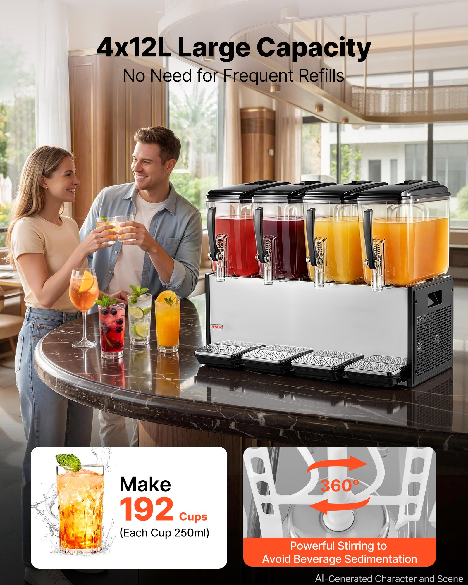 VEVOR Commercial Beverage Dispenser 4 Tanks 12 L / 12.7 QT Per Tank, Stainless Steel Juice Dispenser, Ice Tea Drink Machine with 45℉ to 54℉ Cooling Temperature, for Cold Drink Restaurant Bar Party