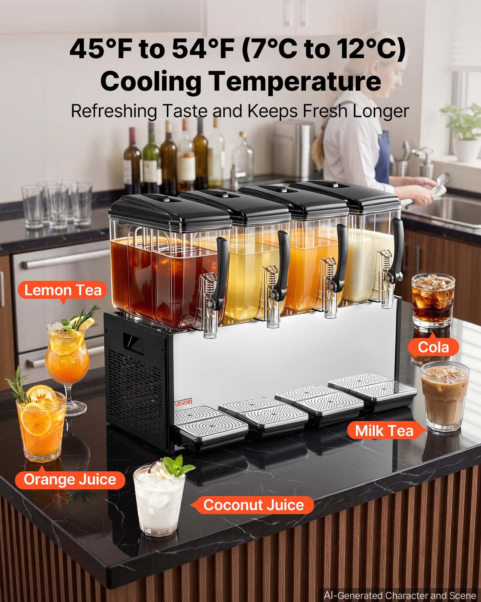 VEVOR Commercial Beverage Dispenser 4 Tanks 12 L / 12.7 QT Per Tank, Stainless Steel Juice Dispenser, Ice Tea Drink Machine with 45℉ to 54℉ Cooling Temperature, for Cold Drink Restaurant Bar Party