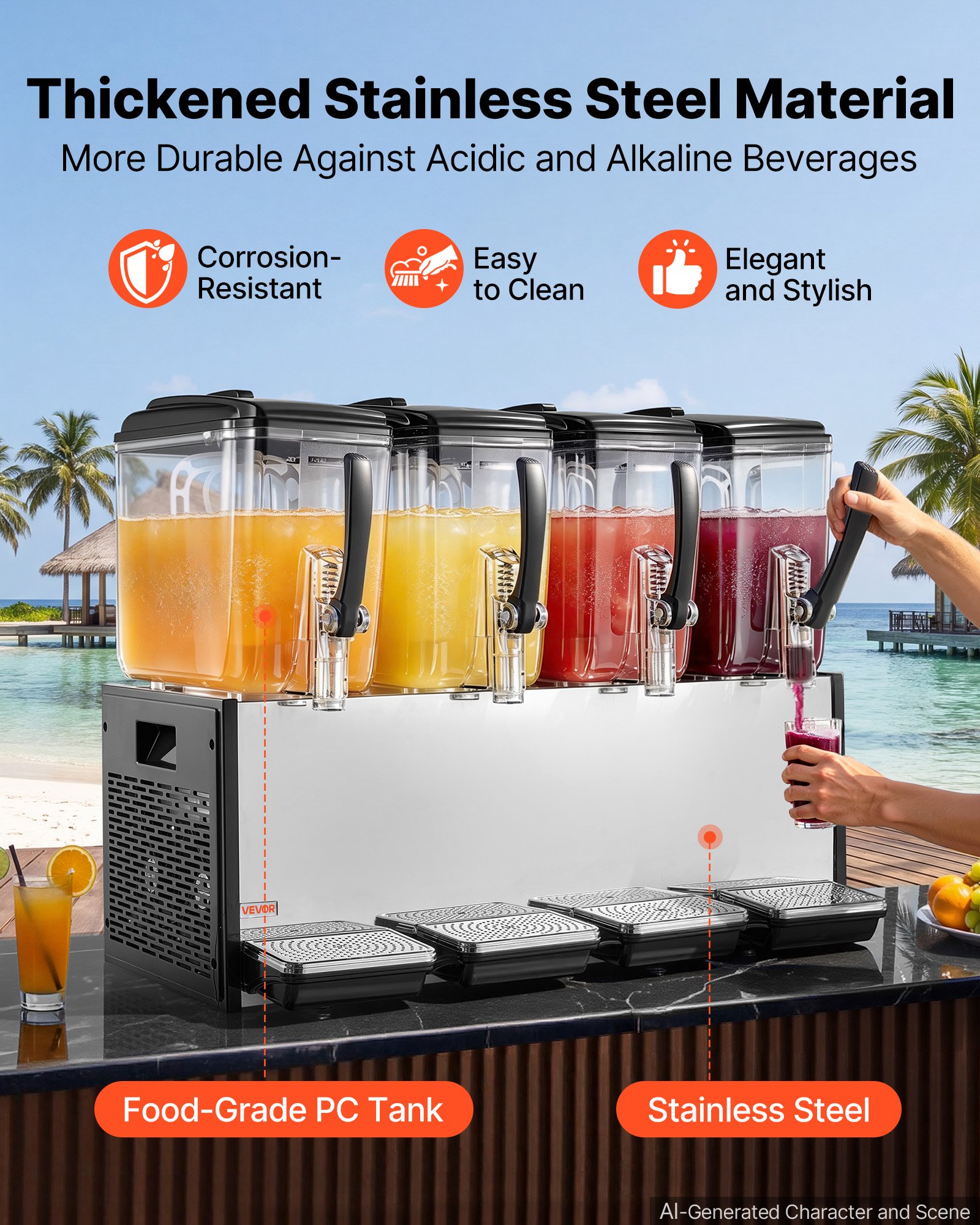 VEVOR Commercial Beverage Dispenser 4 Tanks 12 L / 12.7 QT Per Tank, Stainless Steel Juice Dispenser, Ice Tea Drink Machine with 45℉ to 54℉ Cooling Temperature, for Cold Drink Restaurant Bar Party