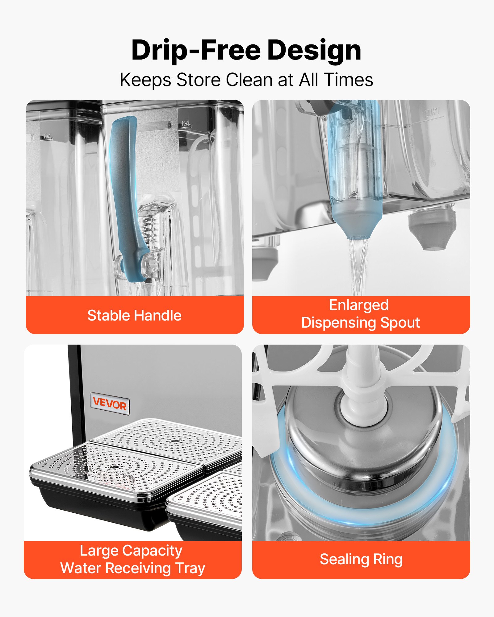 VEVOR Commercial Beverage Dispenser 4 Tanks 12 L / 12.7 QT Per Tank, Stainless Steel Juice Dispenser, Ice Tea Drink Machine with 45℉ to 54℉ Cooling Temperature, for Cold Drink Restaurant Bar Party