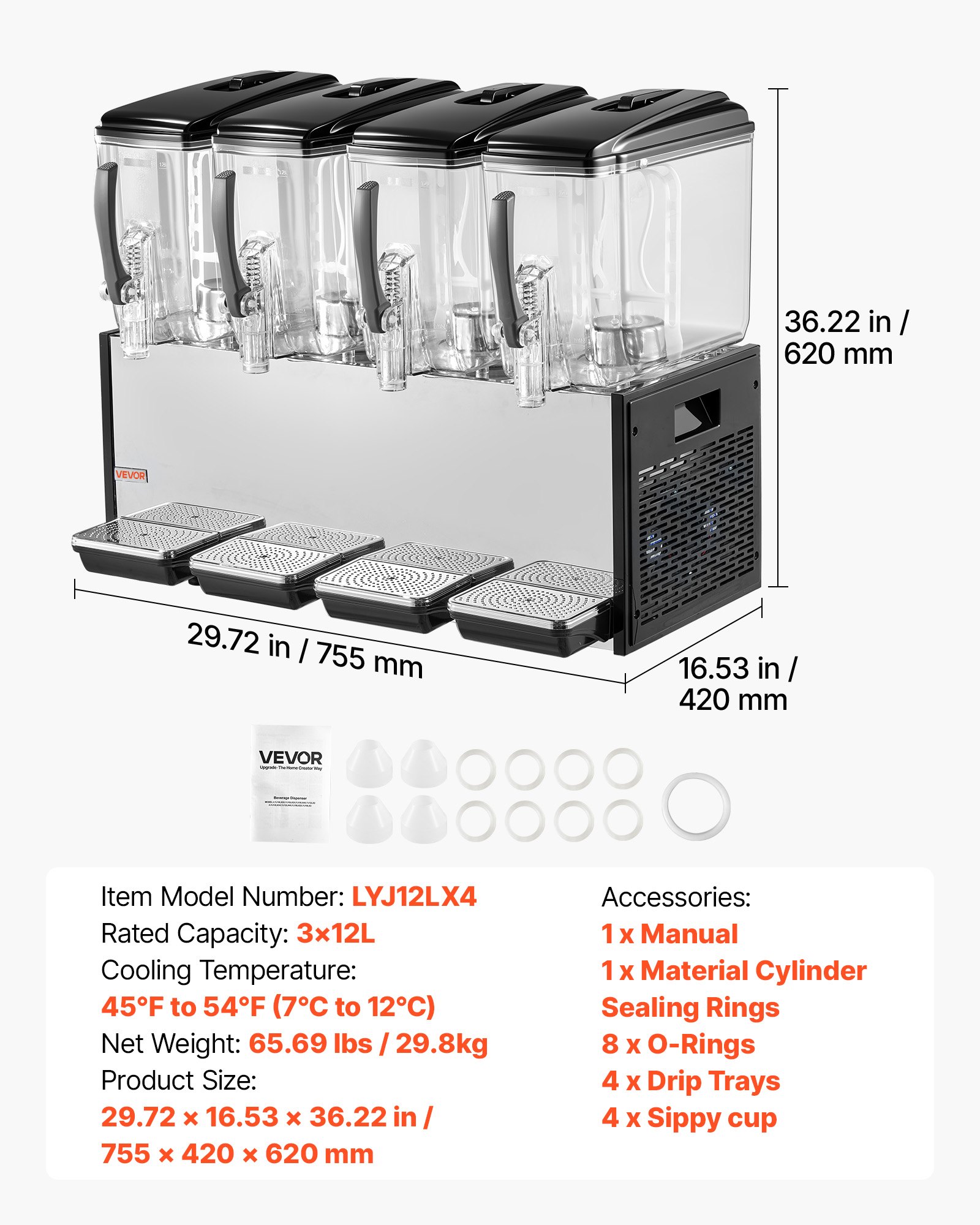 VEVOR Commercial Beverage Dispenser 4 Tanks 12 L / 12.7 QT Per Tank, Stainless Steel Juice Dispenser, Ice Tea Drink Machine with 45℉ to 54℉ Cooling Temperature, for Cold Drink Restaurant Bar Party