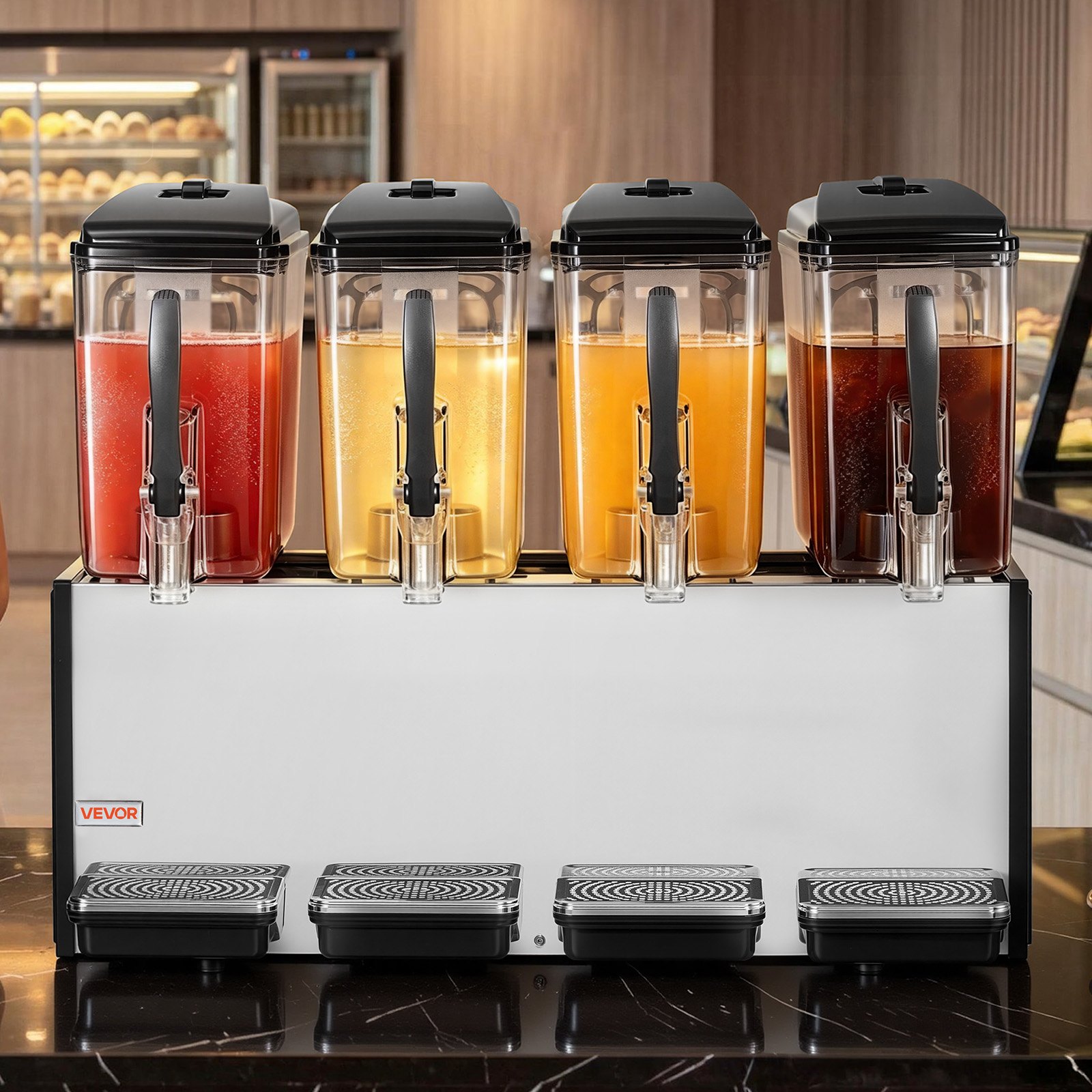VEVOR Commercial Beverage Dispenser 4 Tanks 12 L / 12.7 QT Per Tank, Stainless Steel Juice Dispenser, Ice Tea Drink Machine with 45℉ to 54℉ Cooling Temperature, for Cold Drink Restaurant Bar Party