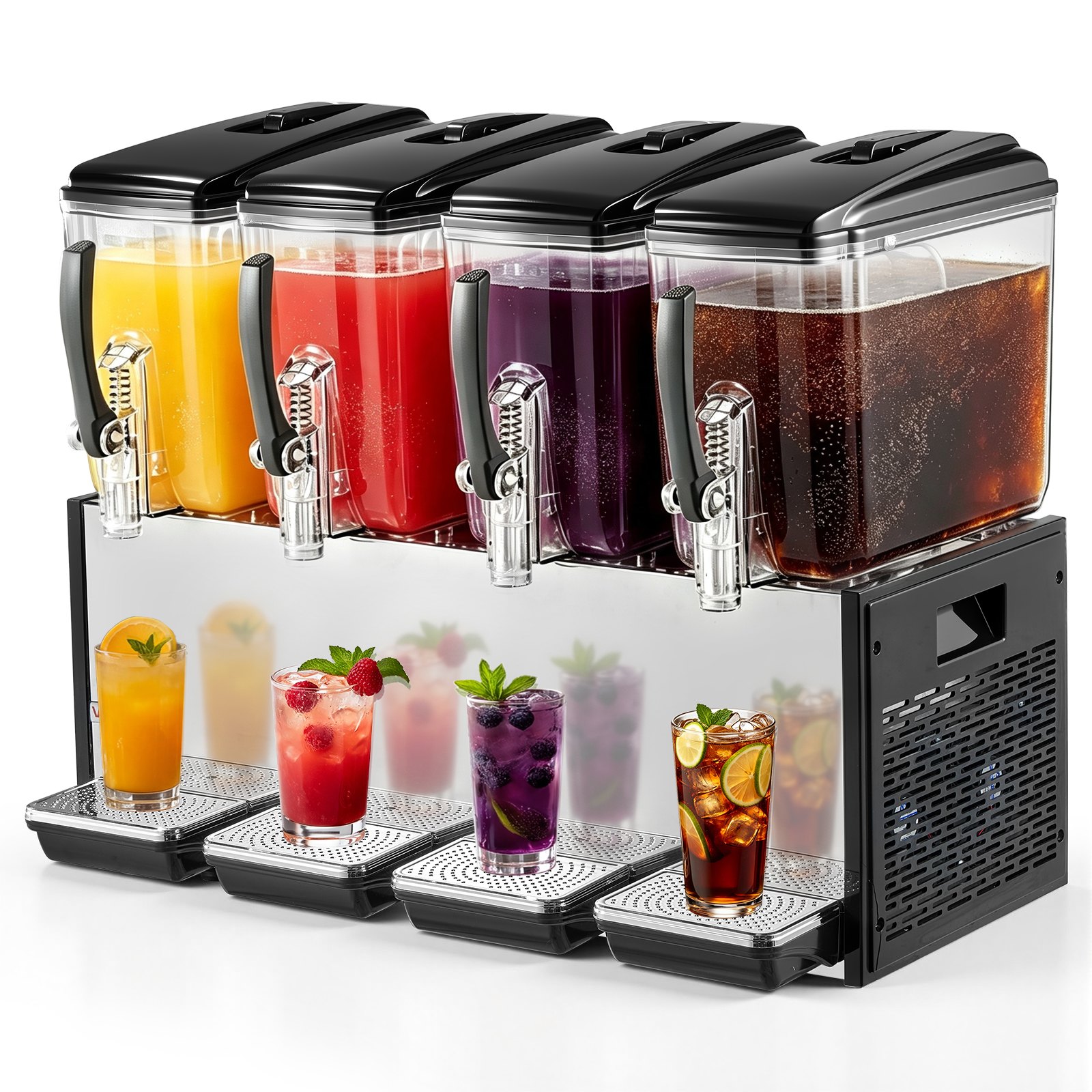 VEVOR Commercial Beverage Dispenser 4 Tanks 12 L / 12.7 QT Per Tank, Stainless Steel Juice Dispenser, Ice Tea Drink Machine with 45℉ to 54℉ Cooling Temperature, for Cold Drink Restaurant Bar Party