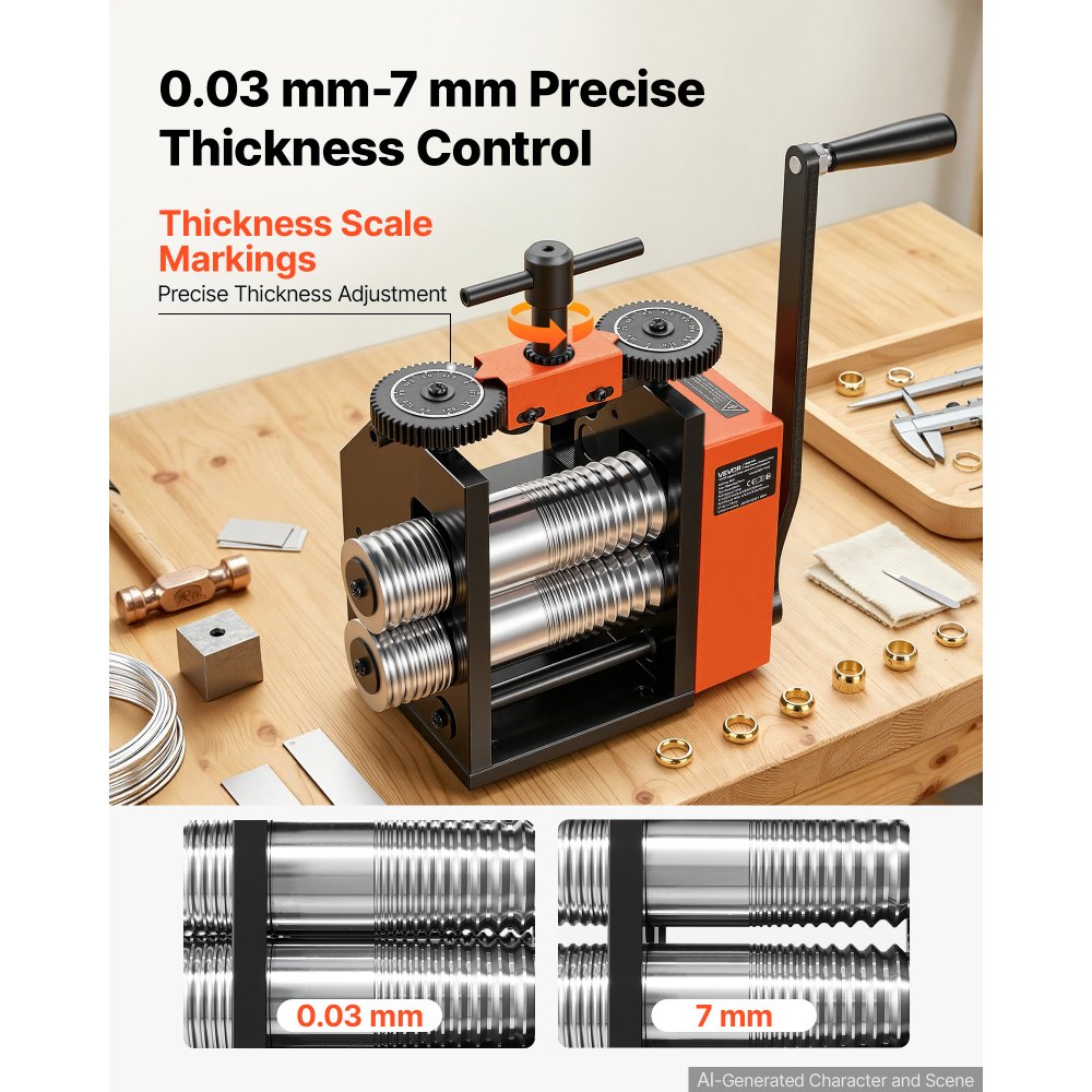 VEVOR Rolling Mill 3-in-1 Round Flat Square Pressing Roller Mill Machine, Manual Jewelry DIY Tool, 0.03-7 mm Adjustable Thickness, Stable & Even Rolling, for Ductile Metals, Gold, Silver, Copper