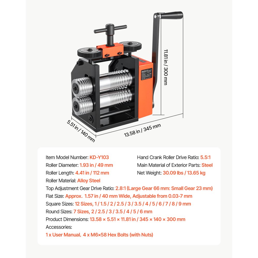 VEVOR Rolling Mill 3-in-1 Round Flat Square Pressing Roller Mill Machine, Manual Jewelry DIY Tool, 0.03-7 mm Adjustable Thickness, Stable & Even Rolling, for Ductile Metals, Gold, Silver, Copper