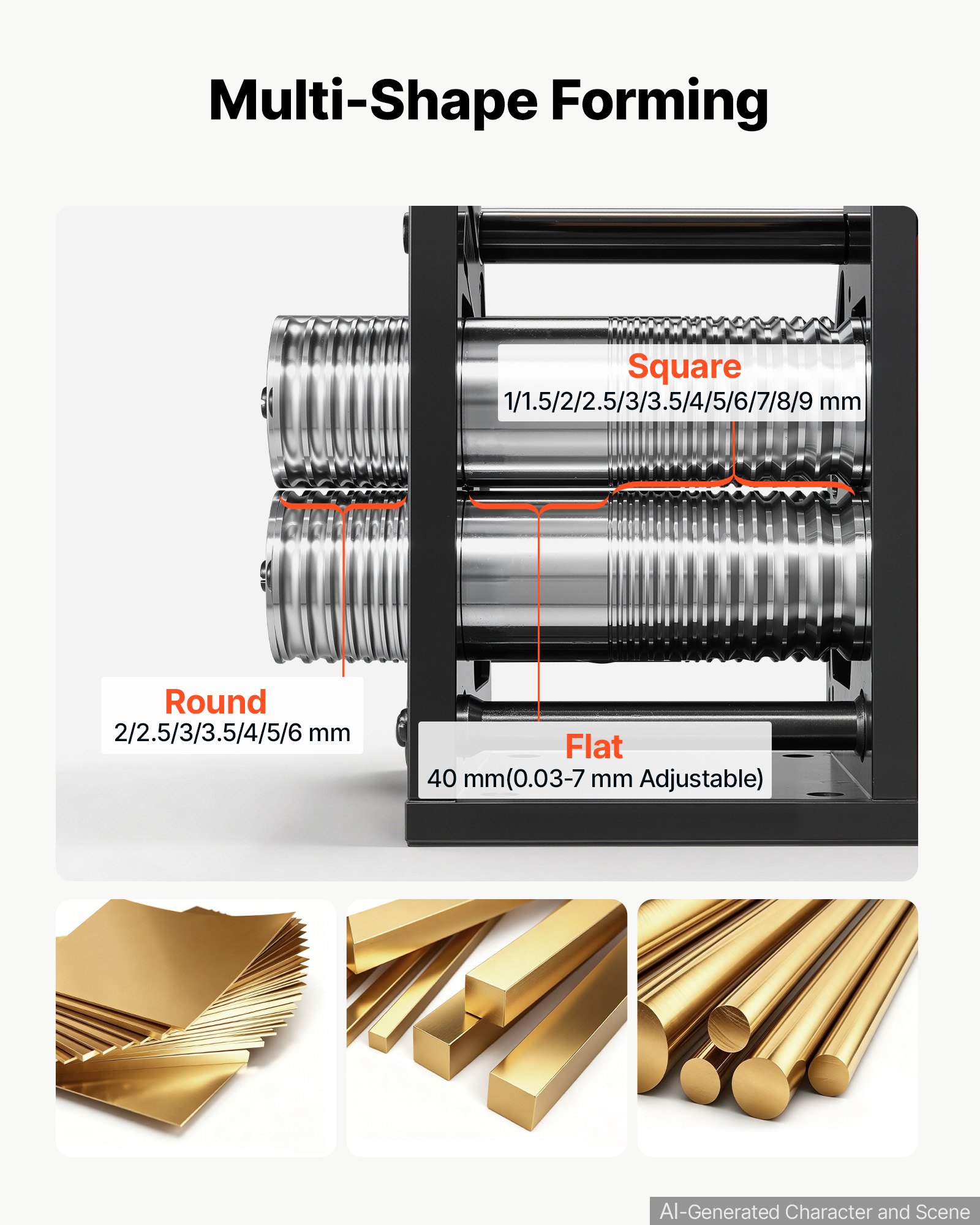 VEVOR Rolling Mill 3-in-1 Round Flat Square Pressing Roller Mill Machine, Manual Jewelry DIY Tool, 0.03-7 mm Adjustable Thickness, Stable & Even Rolling, for Ductile Metals, Gold, Silver, Copper