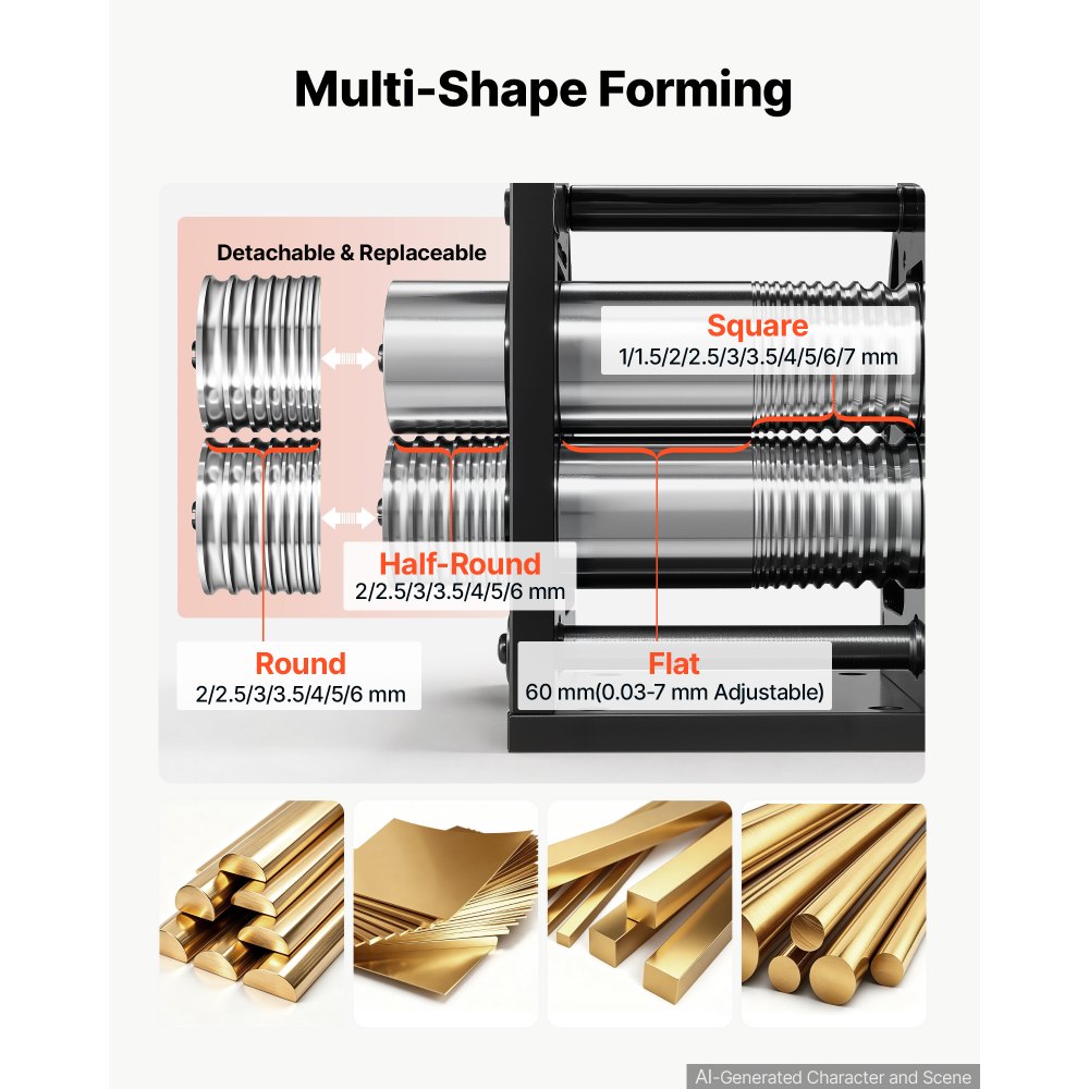 VEVOR Rolling Mill 4-in-1 Round Flat Square Half-Round Pressing Roller Mill, Manual Jewelry DIY Tool, 0.03-7 mm Adjustable Thickness, Stable & Even Rolling, for Ductile Metals, Gold, Silver, Copper