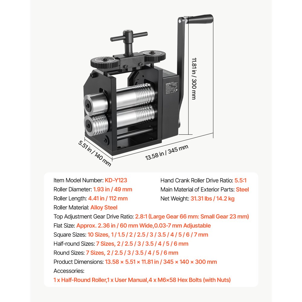 VEVOR Rolling Mill 4-in-1 Round Flat Square Half-Round Pressing Roller Mill, Manual Jewelry DIY Tool, 0.03-7 mm Adjustable Thickness, Stable & Even Rolling, for Ductile Metals, Gold, Silver, Copper