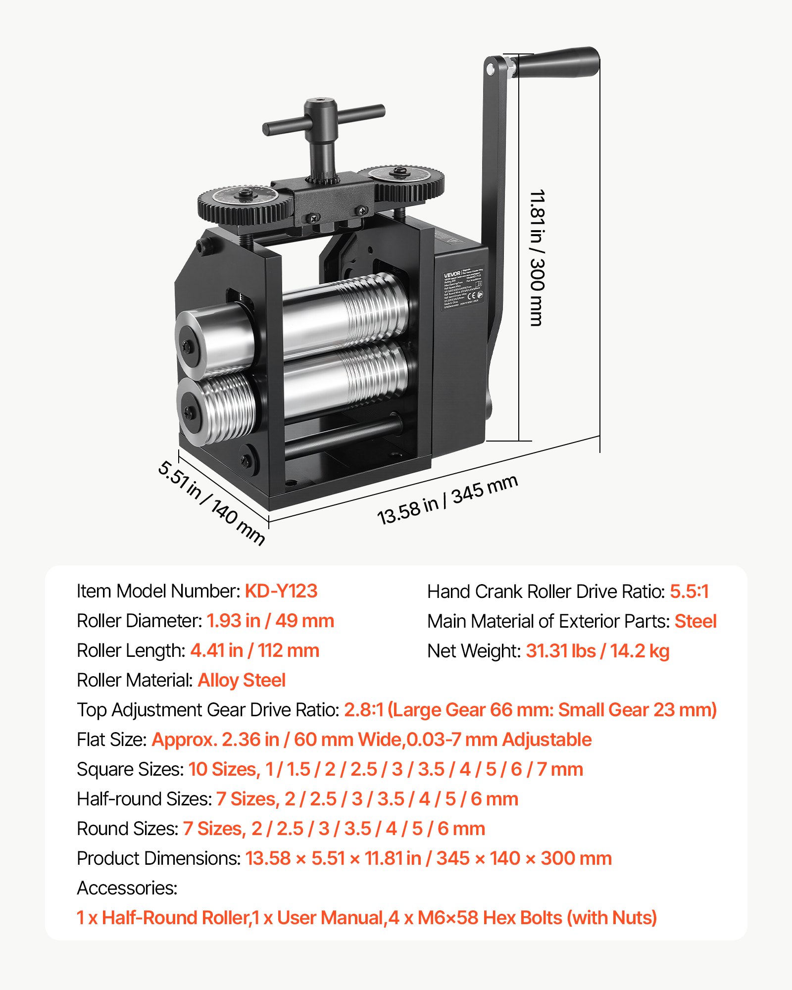 VEVOR Rolling Mill 4-in-1 Round Flat Square Half-Round Pressing Roller Mill, Manual Jewelry DIY Tool, 0.03-7 mm Adjustable Thickness, Stable & Even Rolling, for Ductile Metals, Gold, Silver, Copper