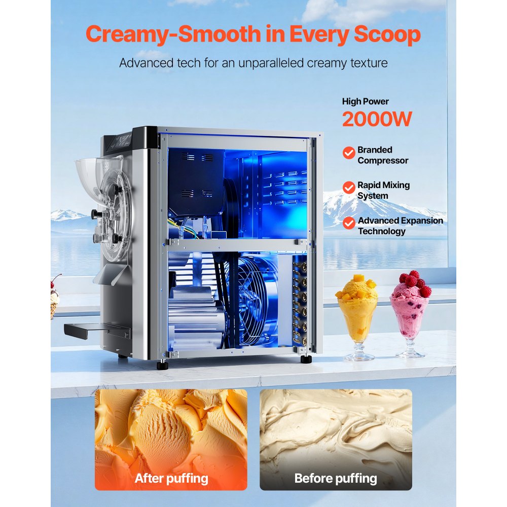 VEVOR Commercial Hard Ice Cream Machine, 2000W 3.17-5.28 Gal/Hour, Countertop Gelato Hard Serve Ice Cream Maker with 6L 304 Stainless Steel Cylinder, Auto Clean LED Panel for Snack Bar Restaurants