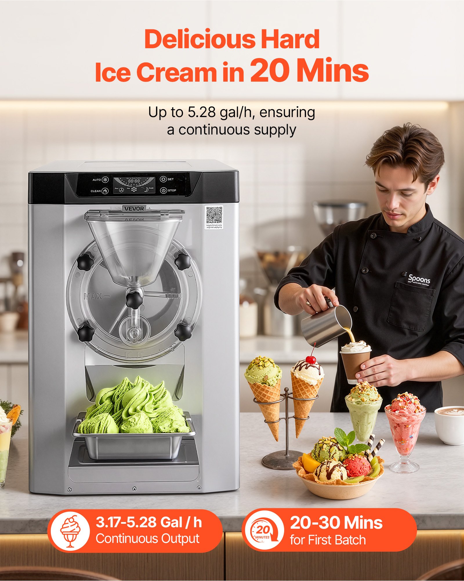 VEVOR Commercial Hard Ice Cream Machine, 2000W 3.17-5.28 Gal/Hour, Countertop Gelato Hard Serve Ice Cream Maker with 6L 304 Stainless Steel Cylinder, Auto Clean LED Panel for Snack Bar Restaurants