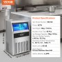 VEVOR ice maker, model ssx140, in stainless steel with specifications and dimensions illustrated.