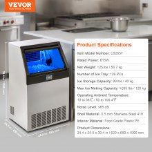 VEVOR Commercial Ice Maker, 265lbs/24H, Ice Maker Machine, 126 Ice Cubes in 12-15 Minutes, Freestanding Cabinet Ice Maker with 88lbs Storage Capacity LED Digital Display, for Home Office Restaurant