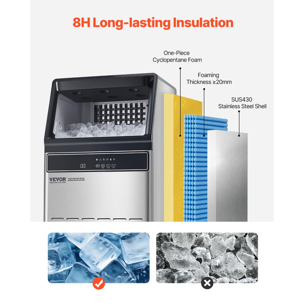 Máquina para fabricar hielo comercial VEVOR, 120 lb/24 h, capacidad de almacenamiento de 33 lb, 55 cubitos de hielo en 15 minutos, pantalla digital LED, autolimpiable, para bares, oficinas y restaurantes.
