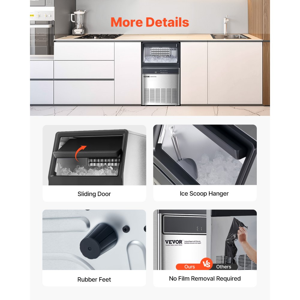 Máquina para fabricar hielo comercial VEVOR, 120 lb/24 h, capacidad de almacenamiento de 33 lb, 55 cubitos de hielo en 15 minutos, pantalla digital LED, autolimpiable, para bares, oficinas y restaurantes.