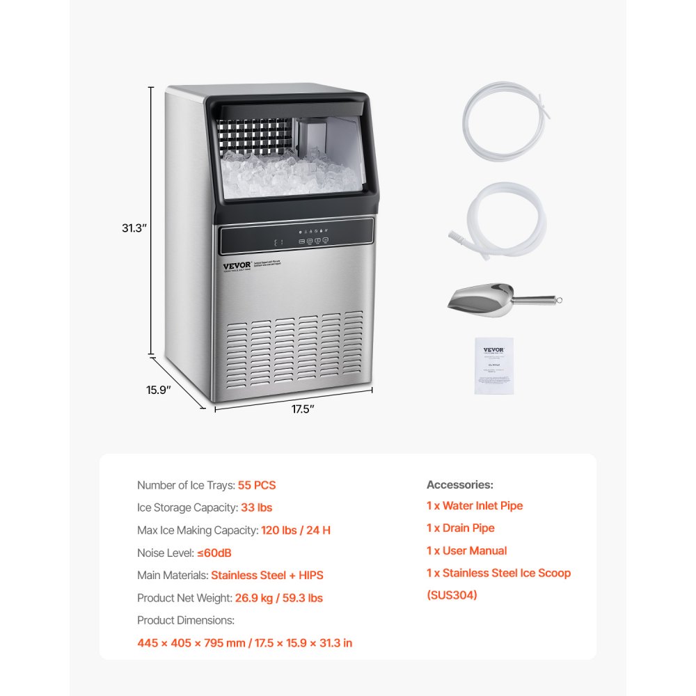 Máquina para fabricar hielo comercial VEVOR, 120 lb/24 h, capacidad de almacenamiento de 33 lb, 55 cubitos de hielo en 15 minutos, pantalla digital LED, autolimpiable, para bares, oficinas y restaurantes.