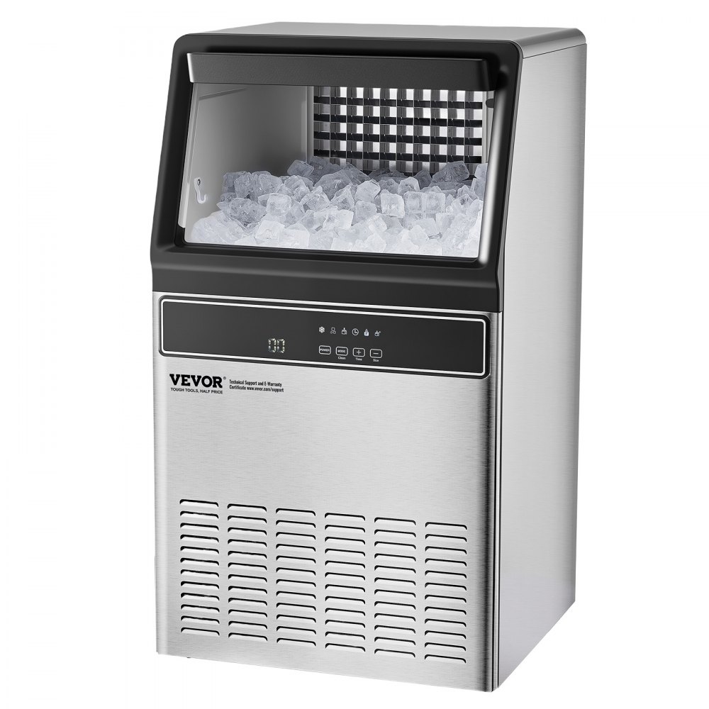 Máquina para fabricar hielo comercial VEVOR, 120 lb/24 h, capacidad de almacenamiento de 33 lb, 55 cubitos de hielo en 15 minutos, pantalla digital LED, autolimpiable, para bares, oficinas y restaurantes.