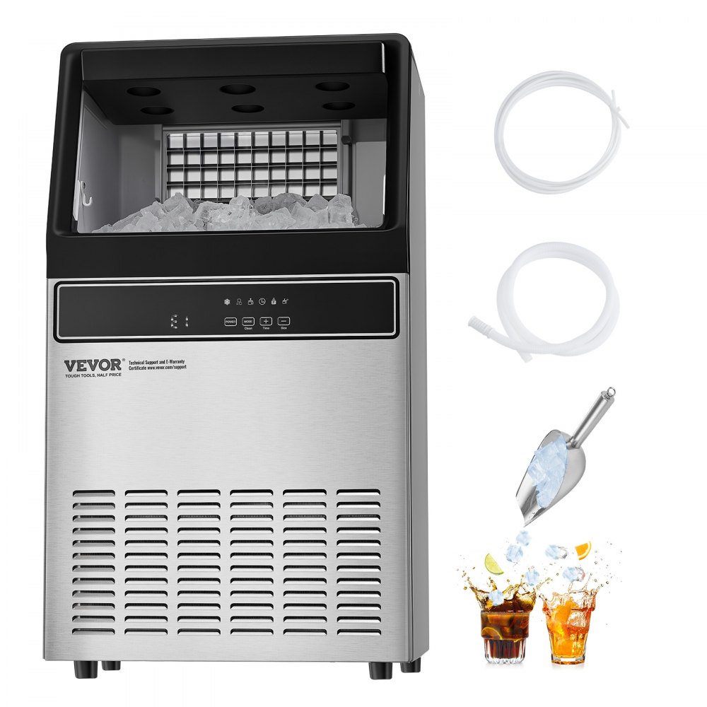 Máquina para fabricar hielo comercial VEVOR, 120 lb/24 h, capacidad de almacenamiento de 33 lb, 55 cubitos de hielo en 15 minutos, pantalla digital LED, autolimpiable, para bares, oficinas y restaurantes.