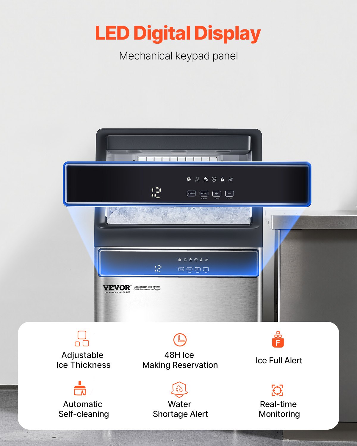 Máquina para fabricar hielo comercial VEVOR, 120 lb/24 h, capacidad de almacenamiento de 33 lb, 55 cubitos de hielo en 15 minutos, pantalla digital LED, autolimpiable, para bares, oficinas y restaurantes.