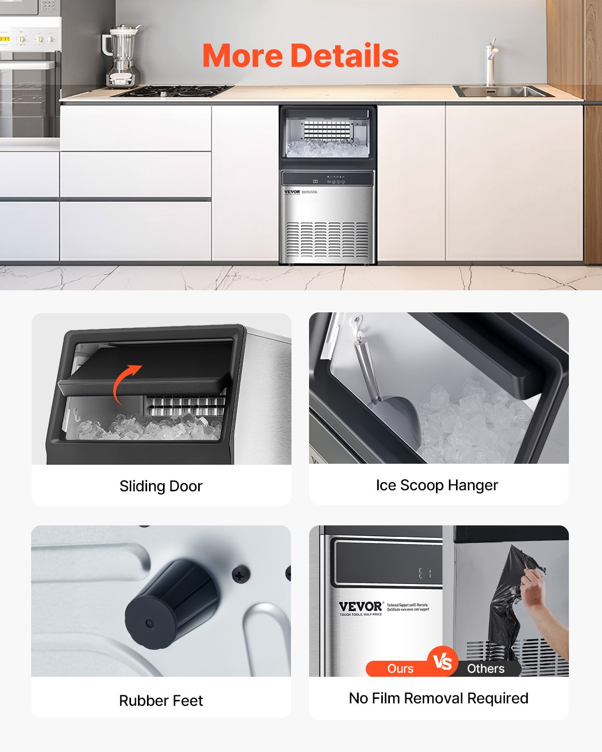 Máquina para fabricar hielo comercial VEVOR, 120 lb/24 h, capacidad de almacenamiento de 33 lb, 55 cubitos de hielo en 15 minutos, pantalla digital LED, autolimpiable, para bares, oficinas y restaurantes.