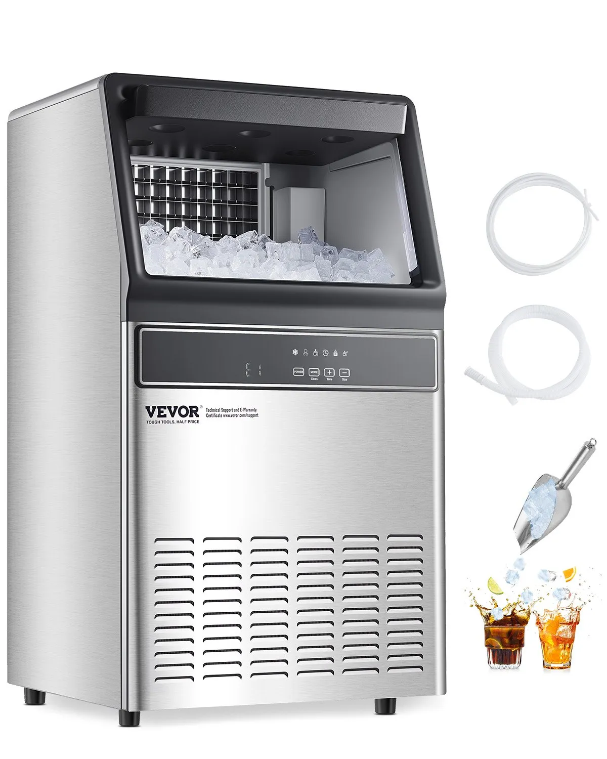 Máquina para fabricar hielo comercial VEVOR, 120 lb/24 h, capacidad de almacenamiento de 33 lb, 55 cubitos de hielo en 15 minutos, pantalla digital LED, autolimpiable, para bares, oficinas y restaurantes.