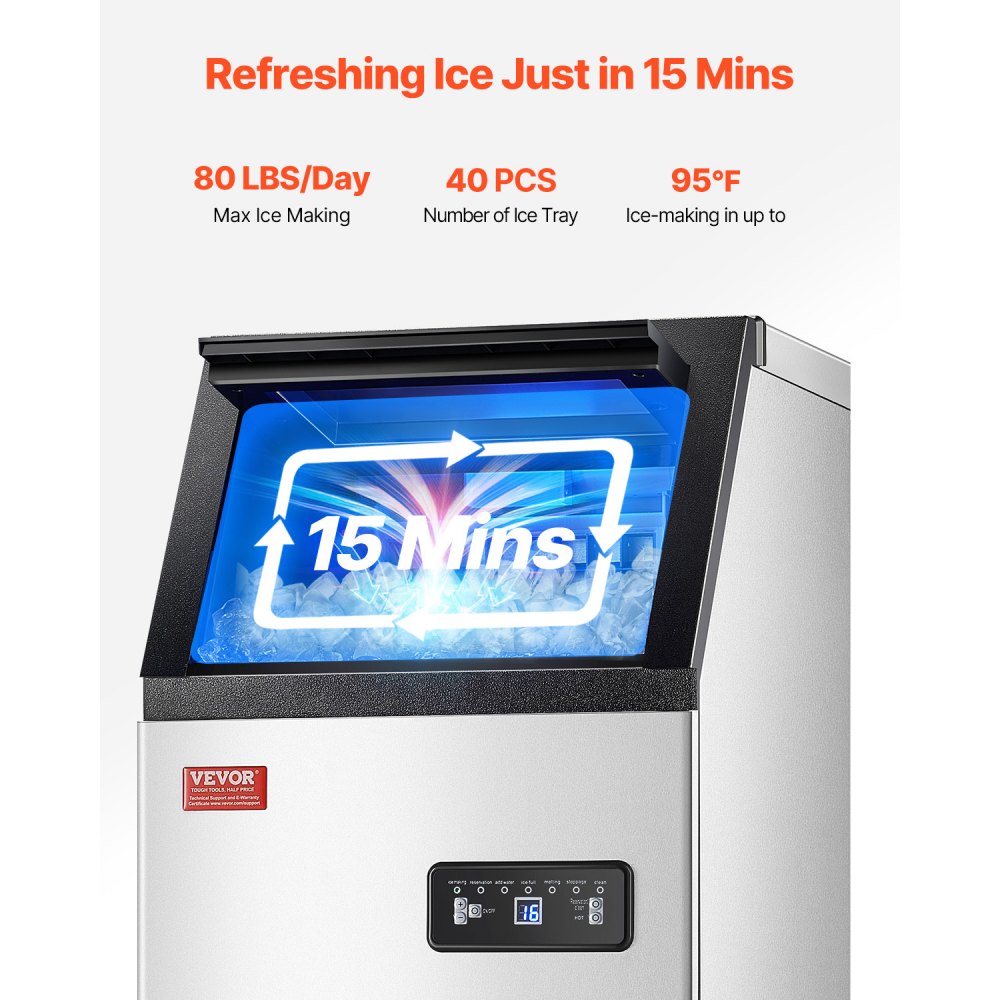 Máquina para fabricar hielo comercial VEVOR, 80 lb/24 h, capacidad de almacenamiento de 28 lb, 36 cubitos de hielo en 15 minutos, pantalla digital LED, autolimpiable, para bares, oficinas y restaurantes.