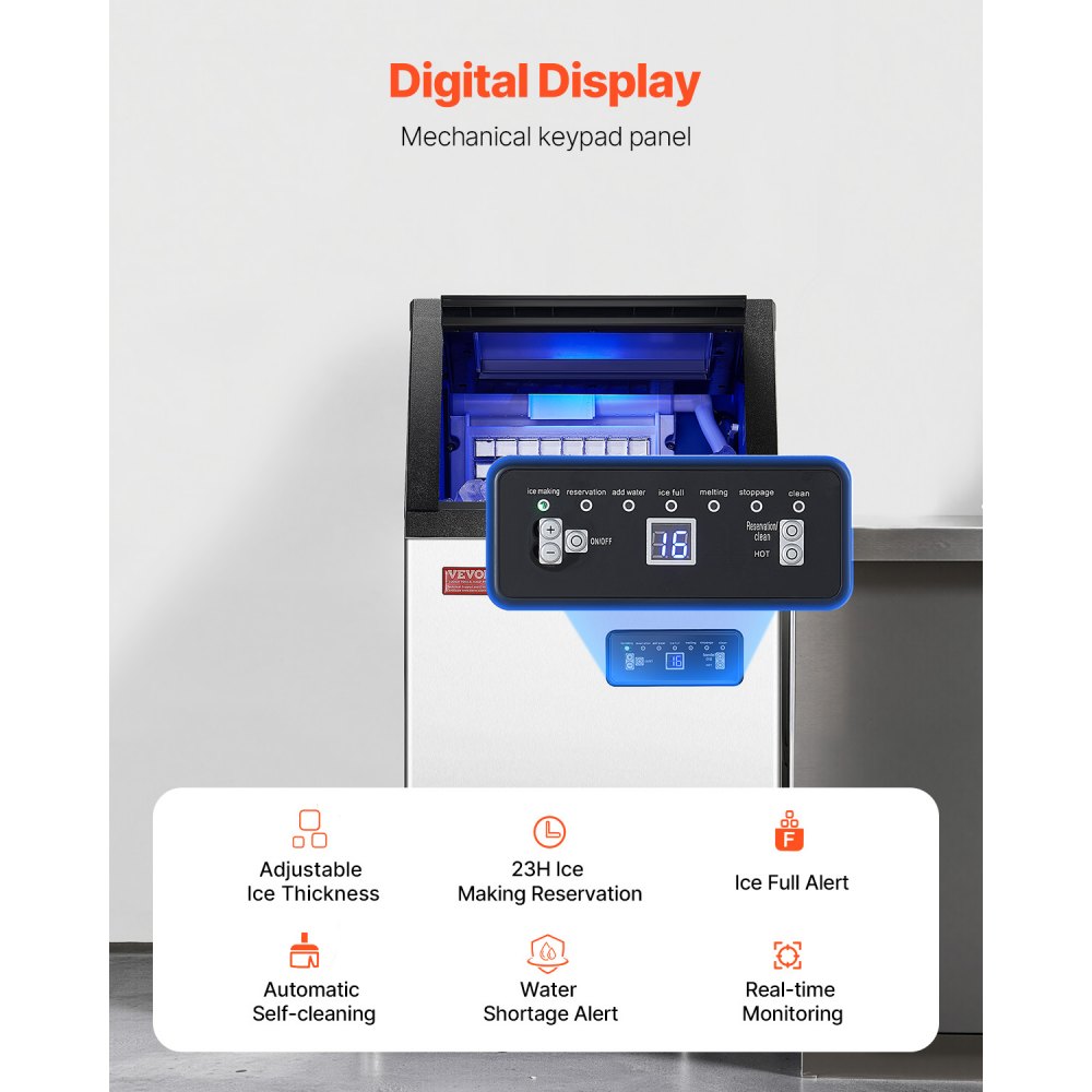 Máquina para fabricar hielo comercial VEVOR, 80 lb/24 h, capacidad de almacenamiento de 28 lb, 36 cubitos de hielo en 15 minutos, pantalla digital LED, autolimpiable, para bares, oficinas y restaurantes.