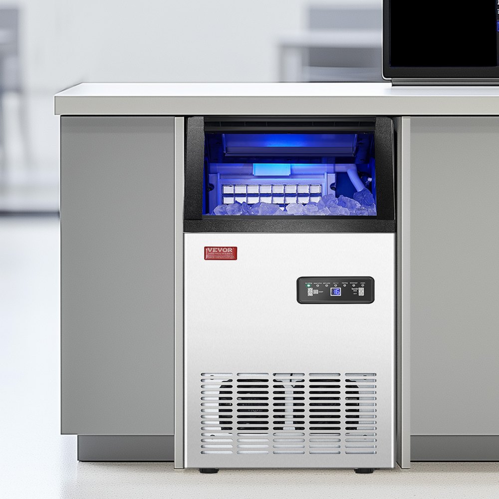 Máquina para fabricar hielo comercial VEVOR, 80 lb/24 h, capacidad de almacenamiento de 28 lb, 36 cubitos de hielo en 15 minutos, pantalla digital LED, autolimpiable, para bares, oficinas y restaurantes.