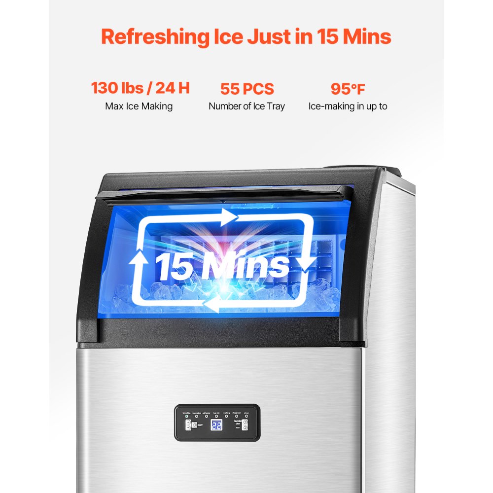 VEVOR Commercial Ice Maker Machine, 130lbs/24H Ice Maker Machine with 33lbs Storage Capacity, 55 Ice Cubes in 15 Minutes, LED Digital Display Freestanding Self-Cleaning for Bar Office Restaurant