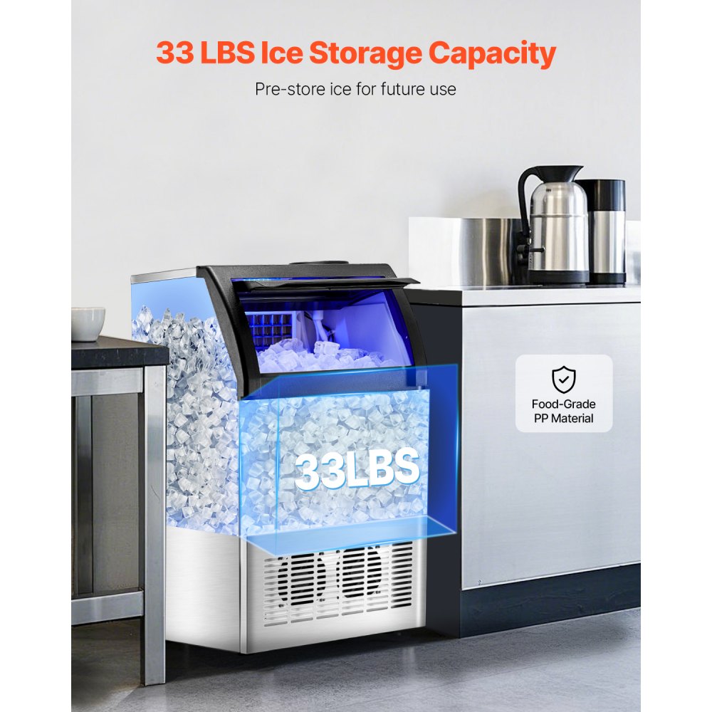 VEVOR Commercial Ice Maker Machine, 130lbs/24H Ice Maker Machine with 33lbs Storage Capacity, 55 Ice Cubes in 15 Minutes, LED Digital Display Freestanding Self-Cleaning for Bar Office Restaurant