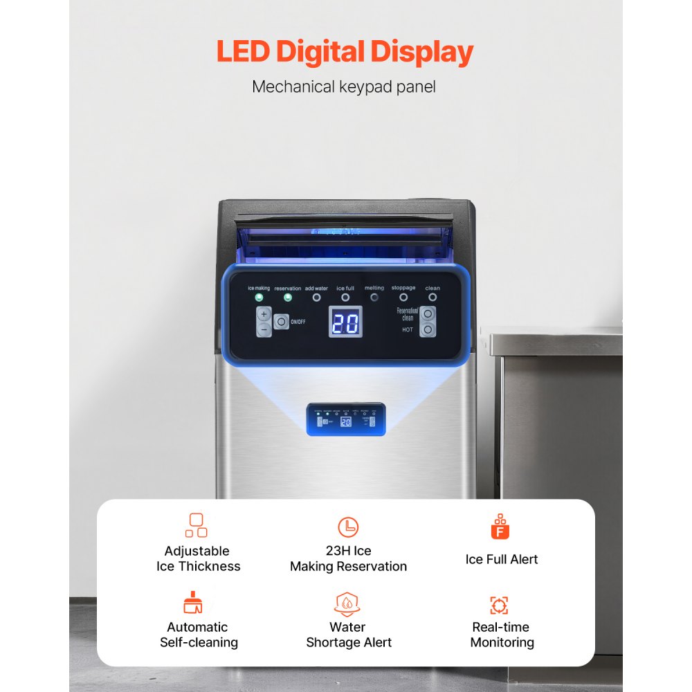 VEVOR Commercial Ice Maker Machine, 130lbs/24H Ice Maker Machine with 33lbs Storage Capacity, 55 Ice Cubes in 15 Minutes, LED Digital Display Freestanding Self-Cleaning for Bar Office Restaurant