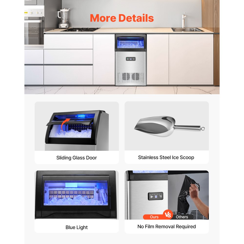 VEVOR Commercial Ice Maker Machine, 130lbs/24H Ice Maker Machine with 33lbs Storage Capacity, 55 Ice Cubes in 15 Minutes, LED Digital Display Freestanding Self-Cleaning for Bar Office Restaurant