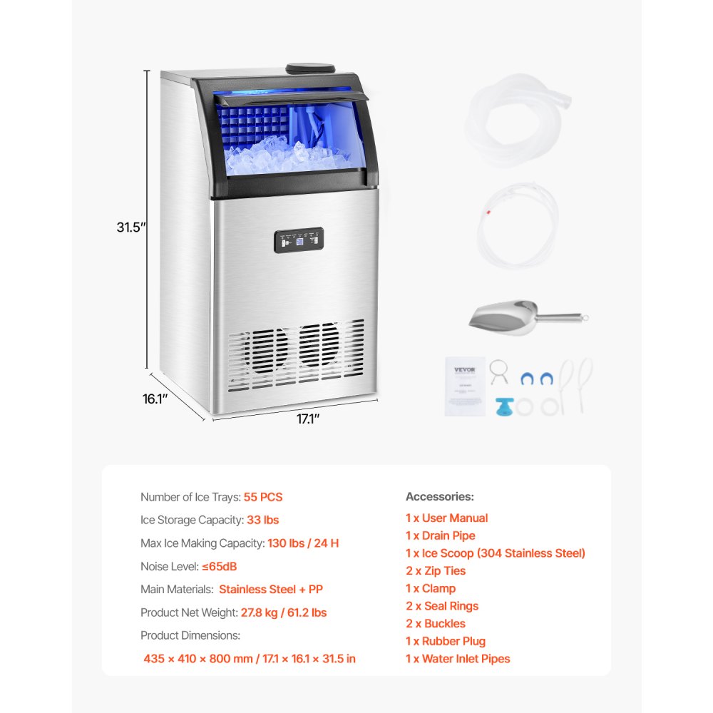 VEVOR Commercial Ice Maker Machine, 130lbs/24H Ice Maker Machine with 33lbs Storage Capacity, 55 Ice Cubes in 15 Minutes, LED Digital Display Freestanding Self-Cleaning for Bar Office Restaurant