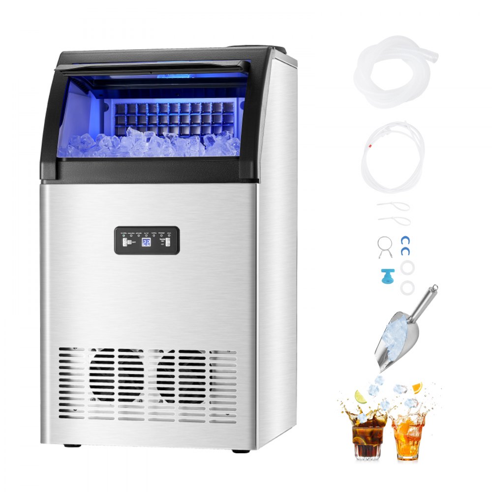VEVOR Commercial Ice Maker Machine, 130lbs/24H Ice Maker Machine with 33lbs Storage Capacity, 55 Ice Cubes in 15 Minutes, LED Digital Display Freestanding Self-Cleaning for Bar Office Restaurant