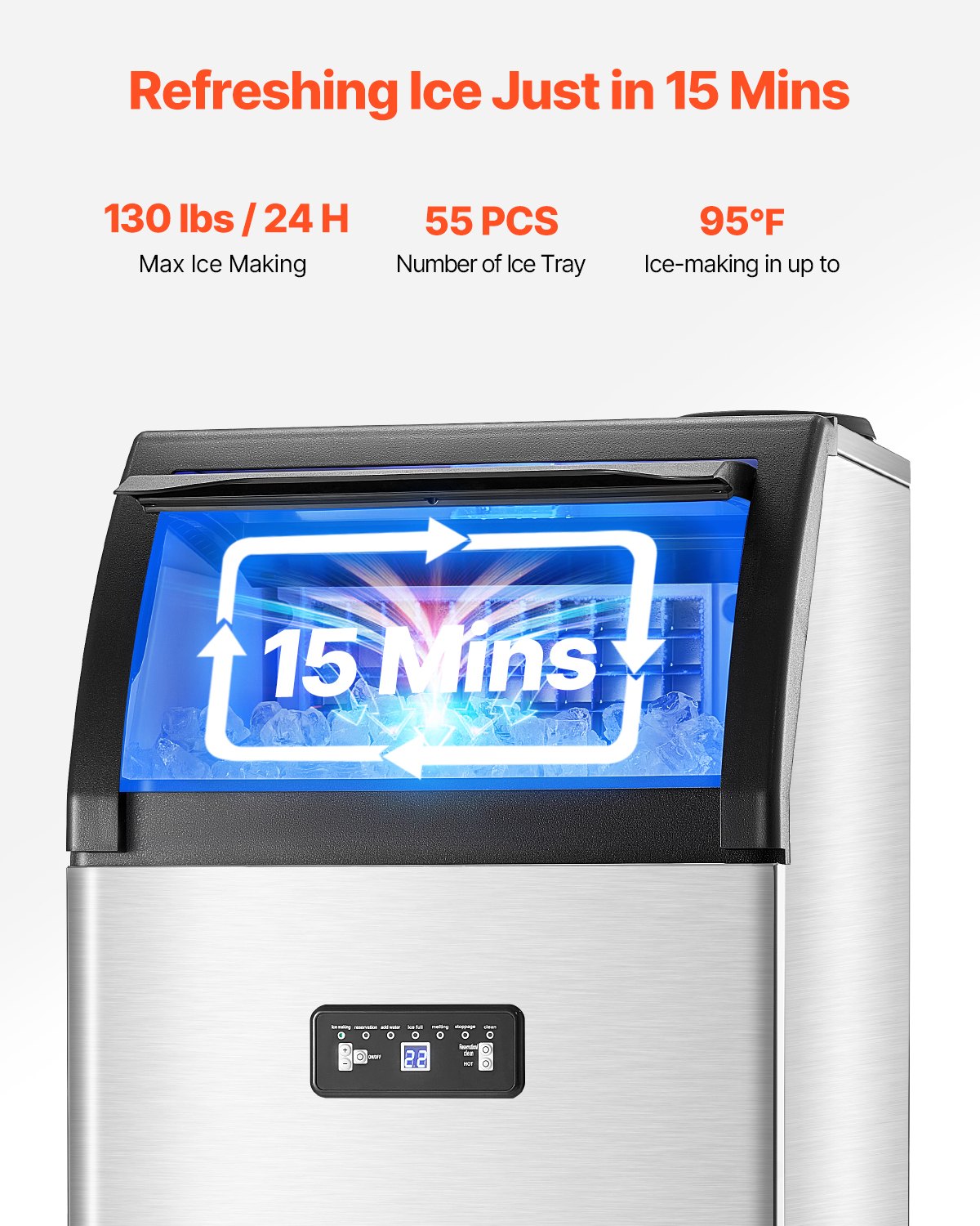 VEVOR Commercial Ice Maker Machine, 130lbs/24H Ice Maker Machine with 33lbs Storage Capacity, 55 Ice Cubes in 15 Minutes, LED Digital Display Freestanding Self-Cleaning for Bar Office Restaurant