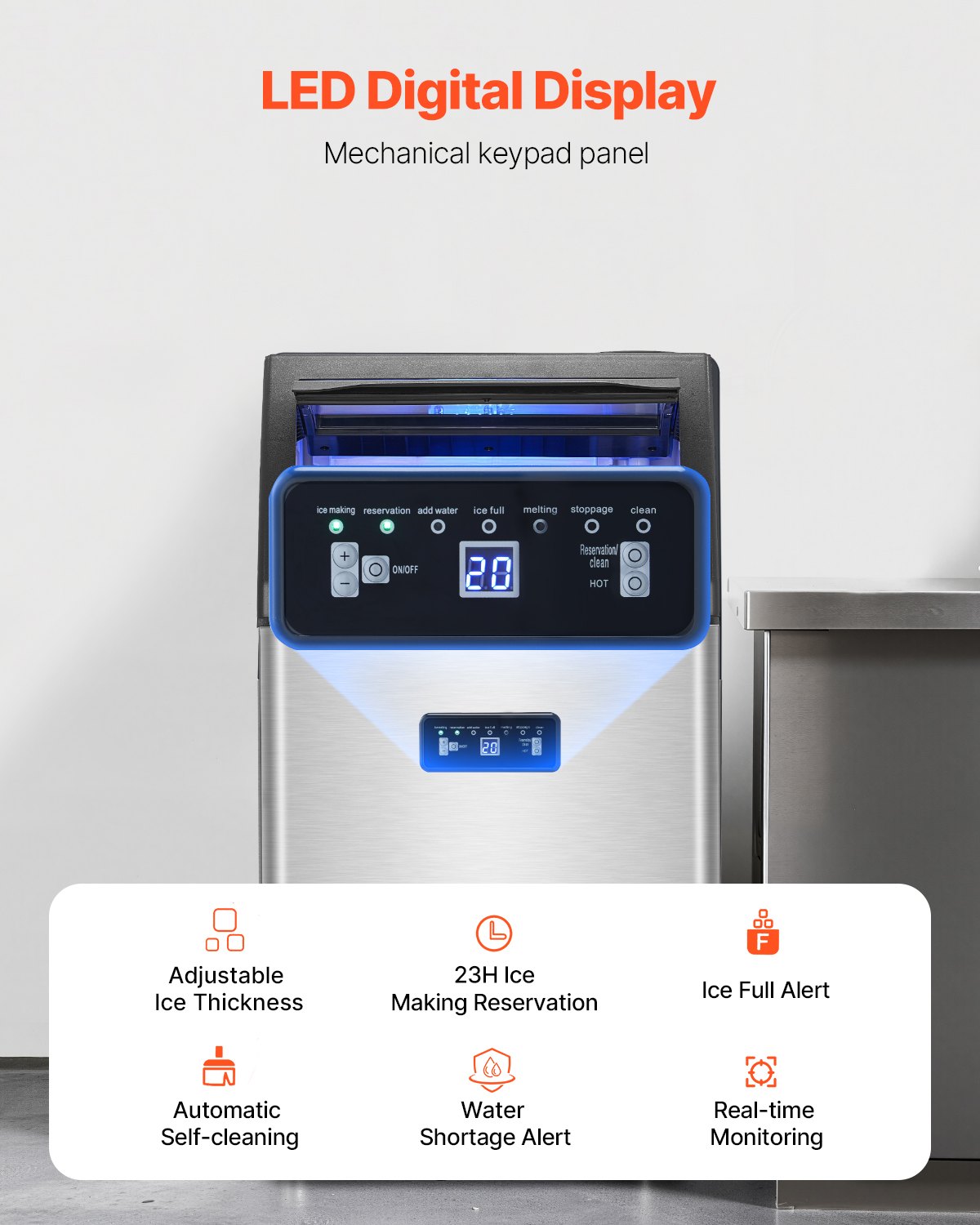 VEVOR Commercial Ice Maker Machine, 130lbs/24H Ice Maker Machine with 33lbs Storage Capacity, 55 Ice Cubes in 15 Minutes, LED Digital Display Freestanding Self-Cleaning for Bar Office Restaurant