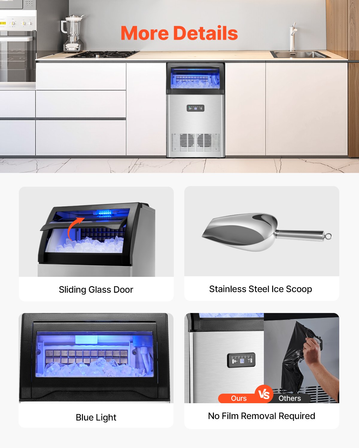 VEVOR Commercial Ice Maker Machine, 130lbs/24H Ice Maker Machine with 33lbs Storage Capacity, 55 Ice Cubes in 15 Minutes, LED Digital Display Freestanding Self-Cleaning for Bar Office Restaurant