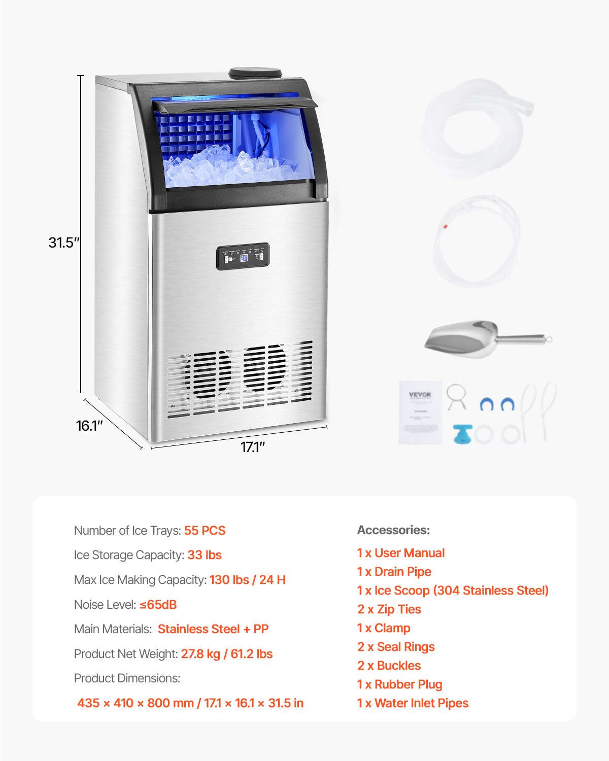 VEVOR Commercial Ice Maker Machine, 130lbs/24H Ice Maker Machine with 33lbs Storage Capacity, 55 Ice Cubes in 15 Minutes, LED Digital Display Freestanding Self-Cleaning for Bar Office Restaurant