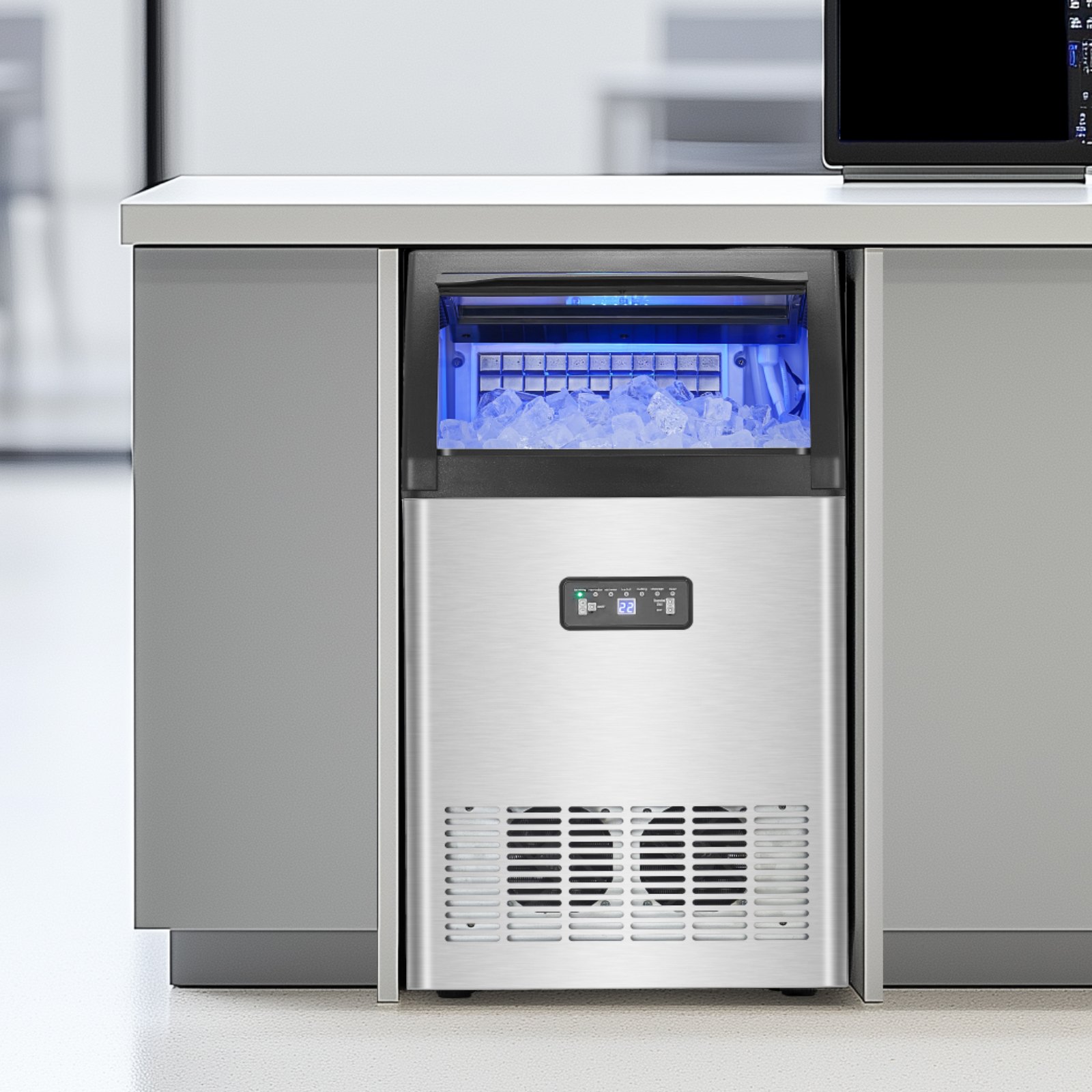 VEVOR Commercial Ice Maker Machine, 130lbs/24H Ice Maker Machine with 33lbs Storage Capacity, 55 Ice Cubes in 15 Minutes, LED Digital Display Freestanding Self-Cleaning for Bar Office Restaurant